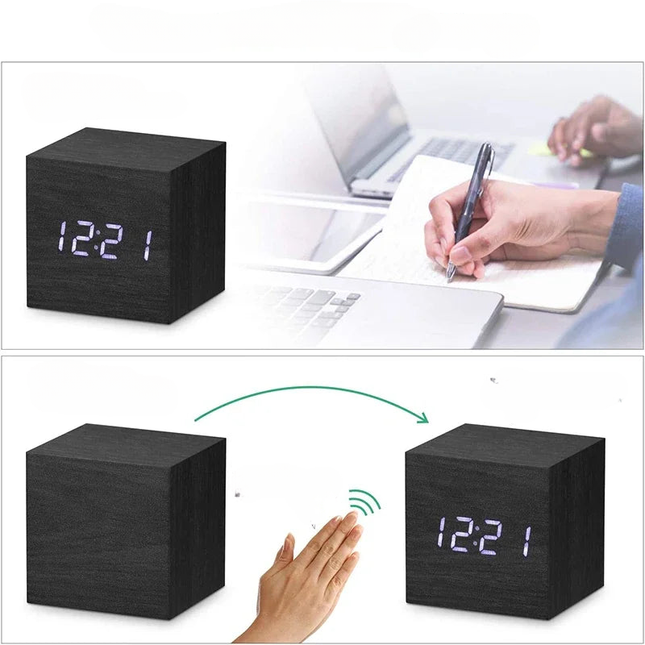 Svart kube vekkerklokke i tre