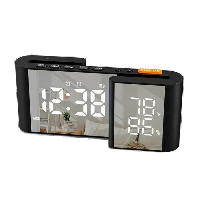 Klokkeradio med speil og temperaturvisning