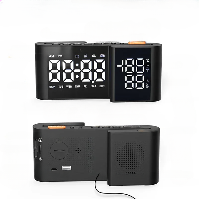 Klokkeradio med speil og temperaturvisning