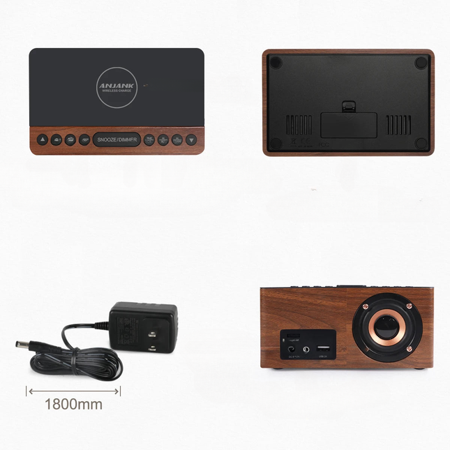 Klokkeradio i tre med trådløs lading