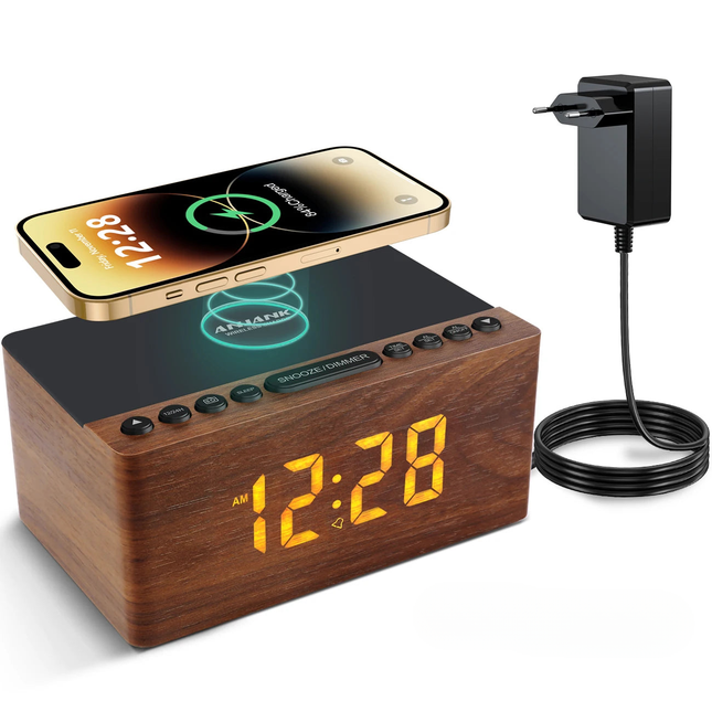 Klokkeradio i tre med trådløs lading