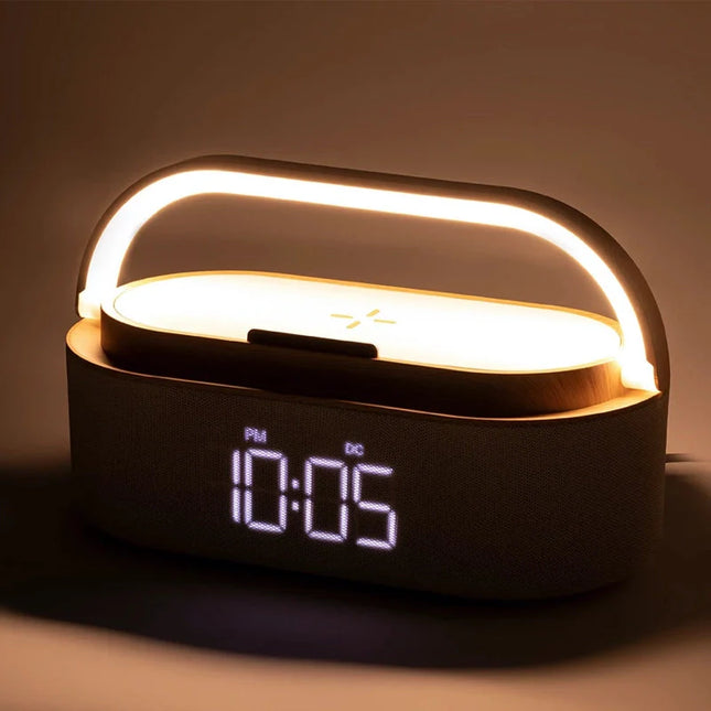 Klokkeradio med lampe og trådløs lader