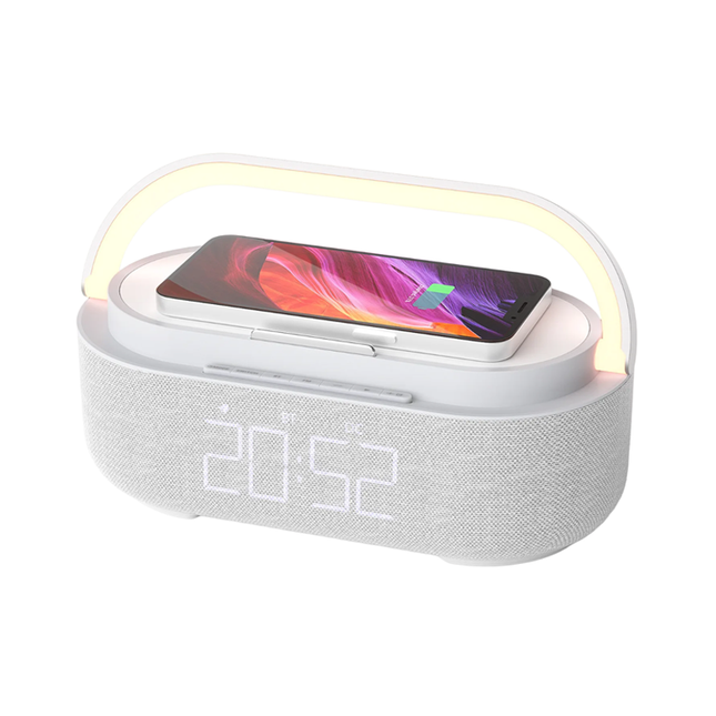 Klokkeradio med lampe og trådløs lader