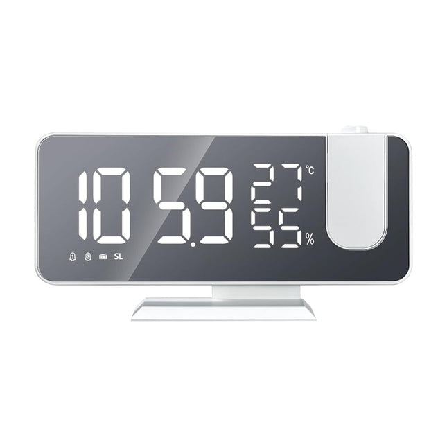 Hvit klokkeradio med projektor for tak