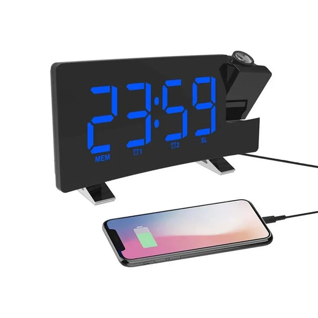 Klokkeradio med blå projeksjon av tid