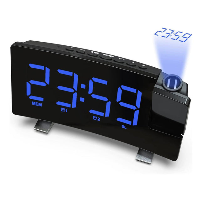 Klokkeradio med blå projeksjon av tid