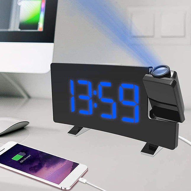 Klokkeradio med blå projeksjon av tid