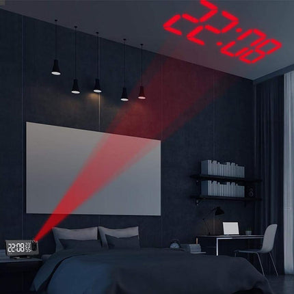 Klokkeradio med projektor og termometer