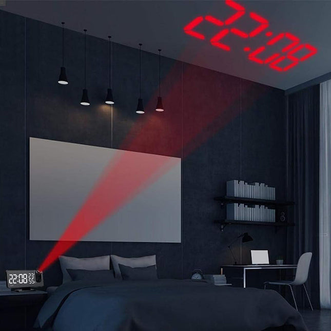 Klokkeradio med projektor og termometer