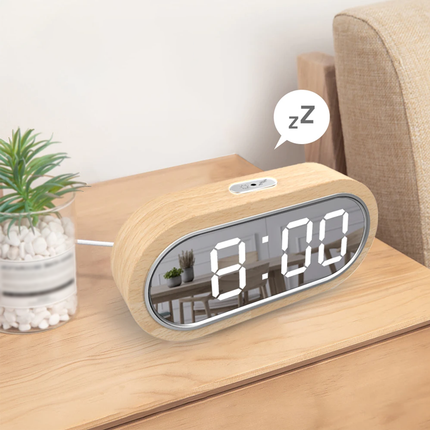 LED vekkerklokke i tre med speil