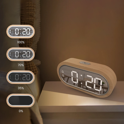 LED vekkerklokke i tre med speil