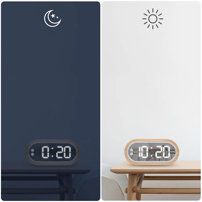 LED vekkerklokke i tre med speil