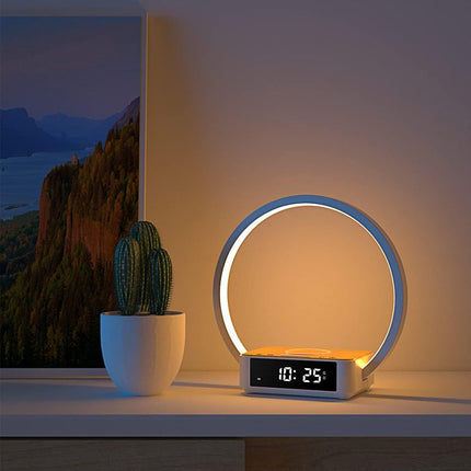 Lampe med klokke og trådløs lader