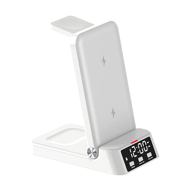 Hvit sammenleggbar trådløs lader med klokke