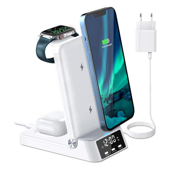 Hvit sammenleggbar trådløs lader med klokke