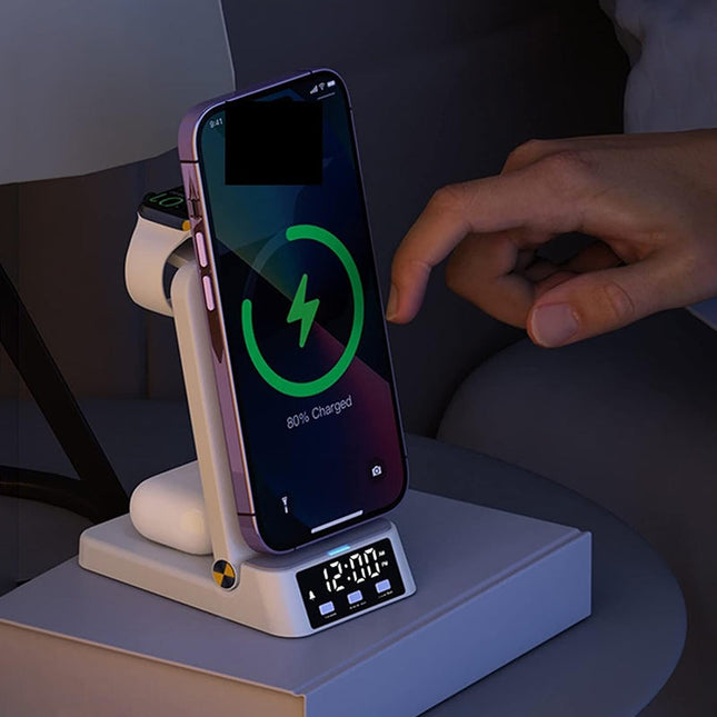 Hvit sammenleggbar trådløs lader med klokke