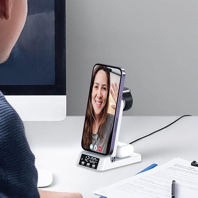 Hvit sammenleggbar trådløs lader med klokke