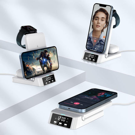 Hvit sammenleggbar trådløs lader med klokke