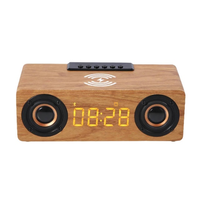 Vekkerklokke i tre med trådløs lading