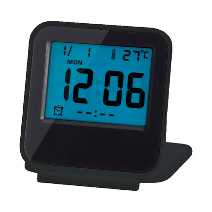 Kompakt digital reisevekkerklokke med stativ