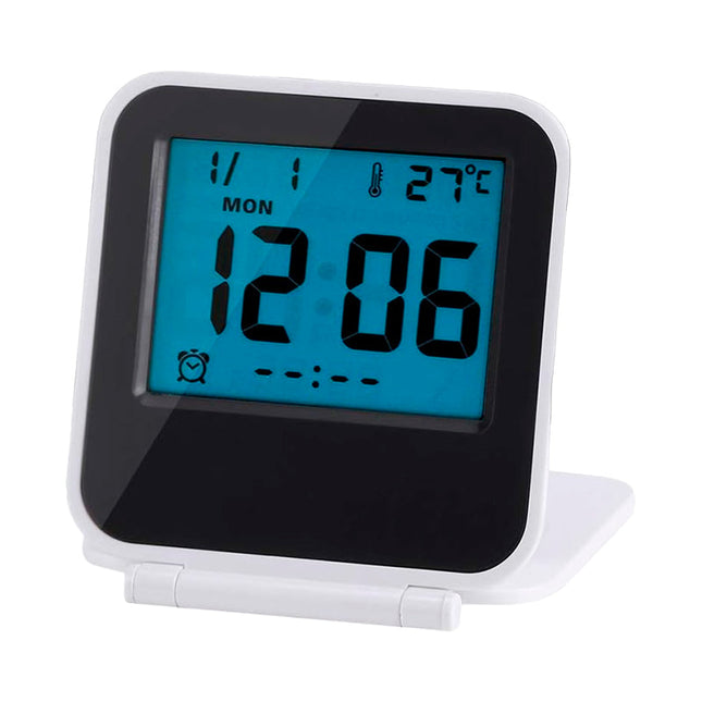 Kompakt digital reisevekkerklokke med stativ