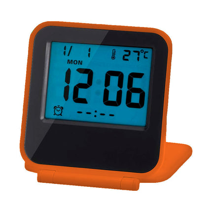Kompakt digital reisevekkerklokke med stativ