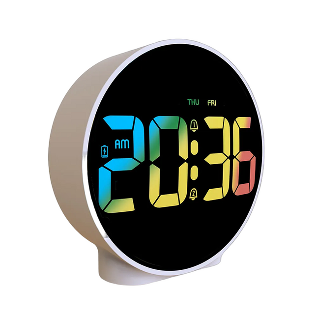 Rund batteridrevet digital vekkerklokke